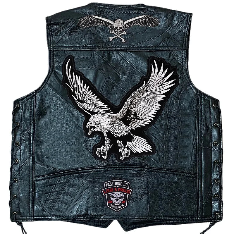 Men's Motorcycle Leather Vest Fashion Embroidered Patches Sleeveless Biker Jacket Casual Streetwear Locomotive Club Punk Veste  Amaijoin