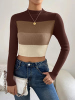 Carregue a imagem no visualizador da Galeria, On Sale 2024 Spring Women Crop Colorblock Turtleneck Ribbed Long Sleeve Pull Sweater Femme Knitwear Jumper Outfits Pullovers  Amaijoin
