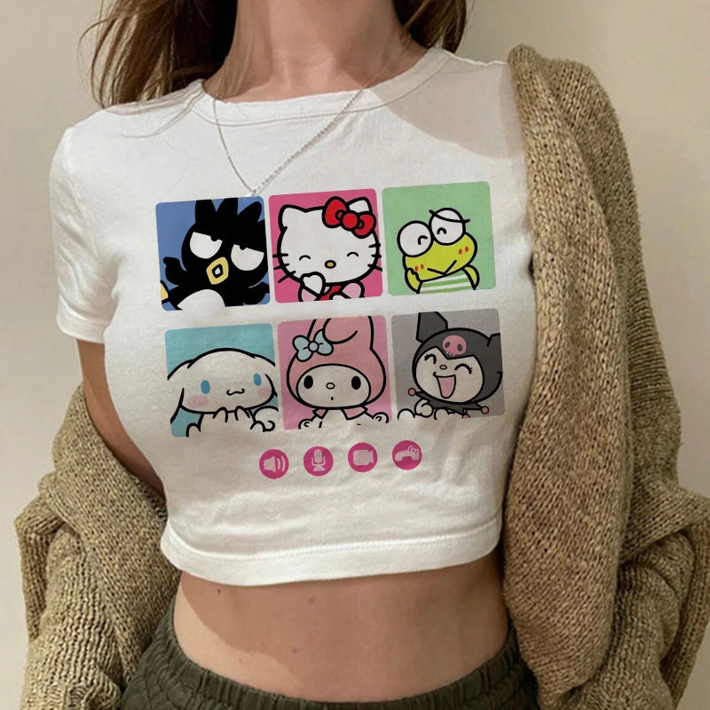 Tshirt Crop Top Hello Kitty T-shirt Kawaii T Shirt Sanrio Anime Cartoon Children Casual Clothes Y2k Cropped Tee Shirt Top  Amaijoin