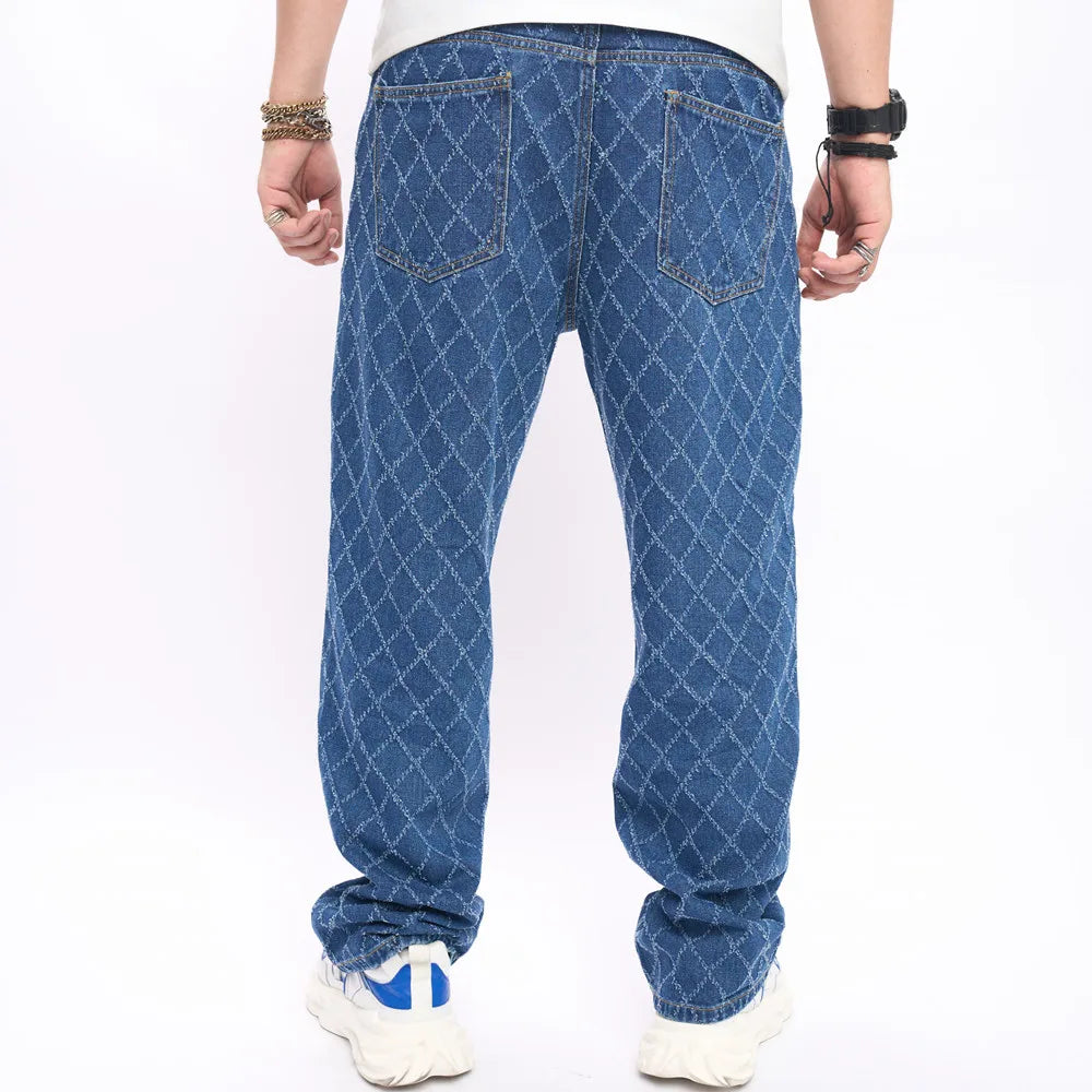 2023 Men Stylish Plaid Loose Straight Jeans Trousers Male High Quality Casual Denim Pants  Amaijoin