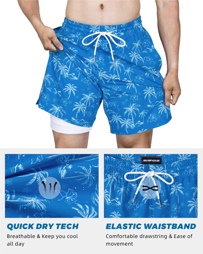 SURF CUZ Mens Swim Trunks with Compression Liner Quick Dry Swim Shorts 7" Swimming Trunks Stretch Bathing Suit Boardshorts  Amaijoin