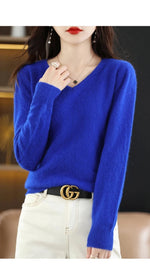 Carregue a imagem no visualizador da Galeria, Women&#39;s Flat V-neck Mink Cashmere Sweater New Autumn/winter 2023 Knitted Loose Pullover Commuter Basic Knit Top  Amaijoin
