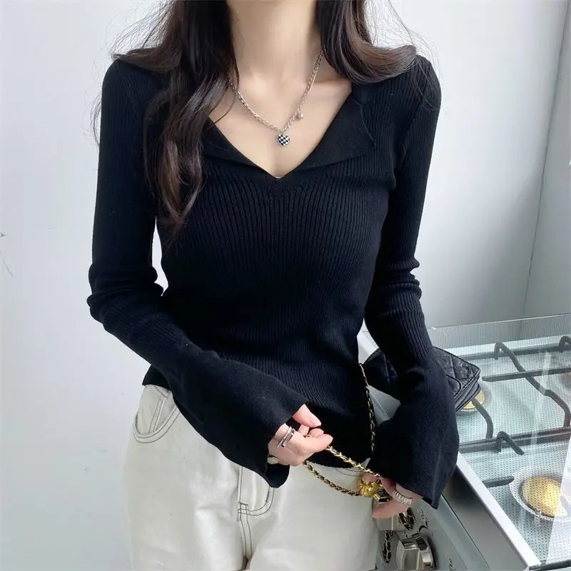 Black Casual Women Polo Neck Tee Shirt T Shirts Woman Top Korean Fashion Clothing Long Sleeve Clothes Free Shipping Streetwear  Amaijoin