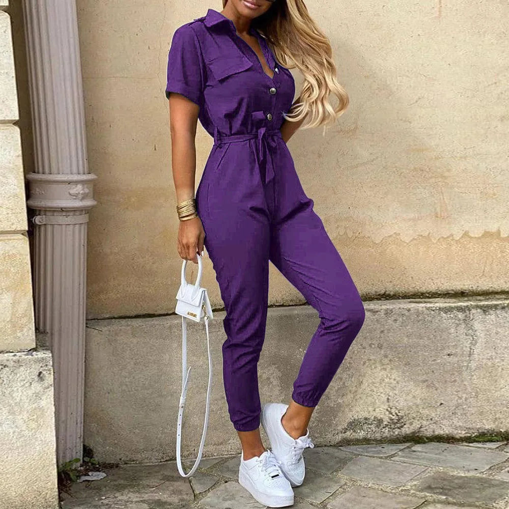 Women's Monochromatic Belt Workwear Jumpsuit, Casual Pants, Flip Collar, Buckle, European and American, Summer, 2023  Amaijoin