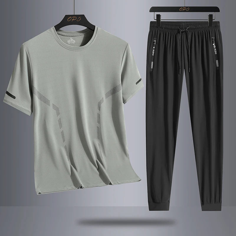 Men's quick drying short sleeved T-shirt sports set summer round neck top ice silk quick drying pants two-piece fashionable new  Amaijoin