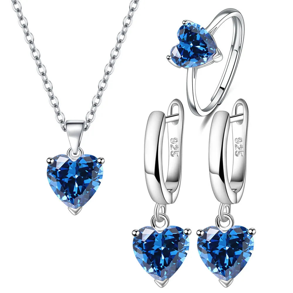 925 Sterling Silver Jewelry Sets For Women Heart Zircon Ring Earrings Necklace Wedding Bridal Elegant Christmas Free Shipping  Amaijoin