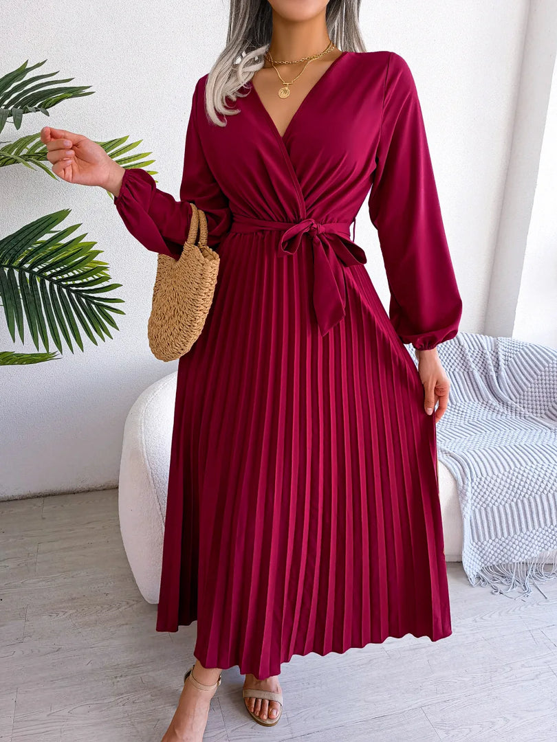 Women Elegant V Neck Long Sleeve Pleated Maxi Dress  Amaijoin