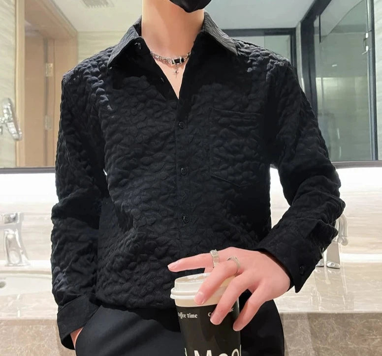 2024 Spring Bubble Shirts for Men Long Sleeved Button Down Loose Men's Casual Shirt Autumn Plus Size Korean Design Male Clothing  Amaijoin