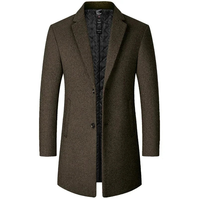 Male Woolen Coat Solid Color Slim Mid-Length Windbreaker Warm Wear-Resistant Men's Wool Coat Business Formal Wear Casual Jacket  Amaijoin