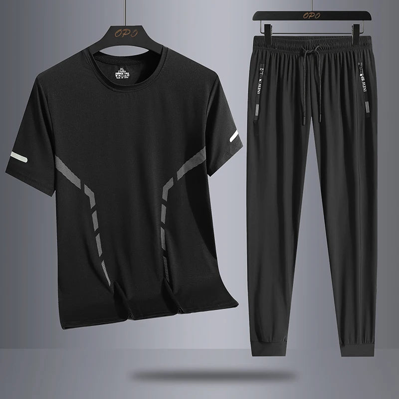 Men's quick drying short sleeved T-shirt sports set summer round neck top ice silk quick drying pants two-piece fashionable new  Amaijoin