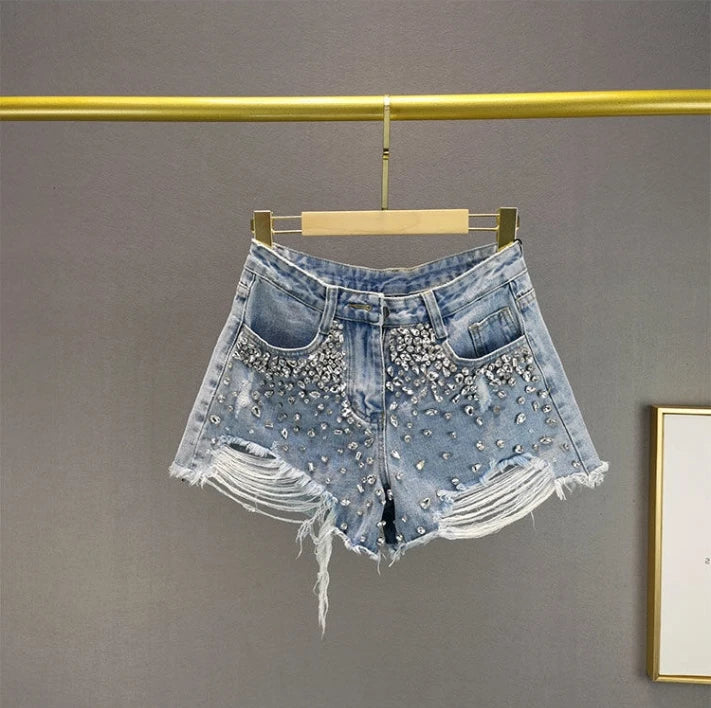 2024 Summer Versatile Denim Shorts Troupes for Women Pocket Design Rhinestone Decoration Ripped Daily Commuting Denim Shorts  Amaijoin