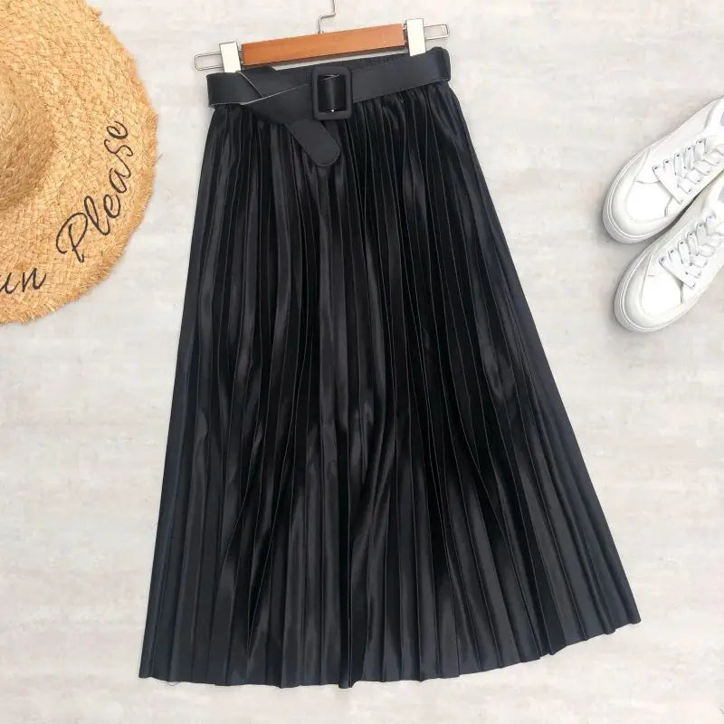 2024 New High Waist Elegant Stain Women's Pleated Skirts with Belted Solid Skirts Mi-long Umbrella Skirt Spring Summer  Amaijoin