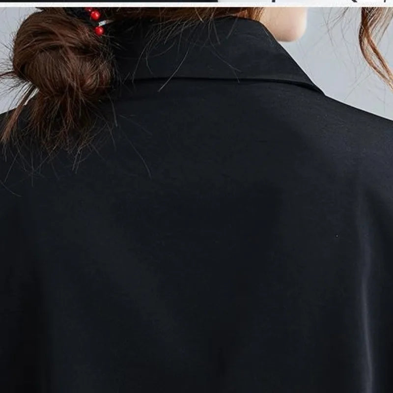 2023 Spring and Autumn Women's Polo Button PrintingPatchworkDrawstring Loose Fashion Casual Elegant Commuter Long Sleeve Tops  Amaijoin