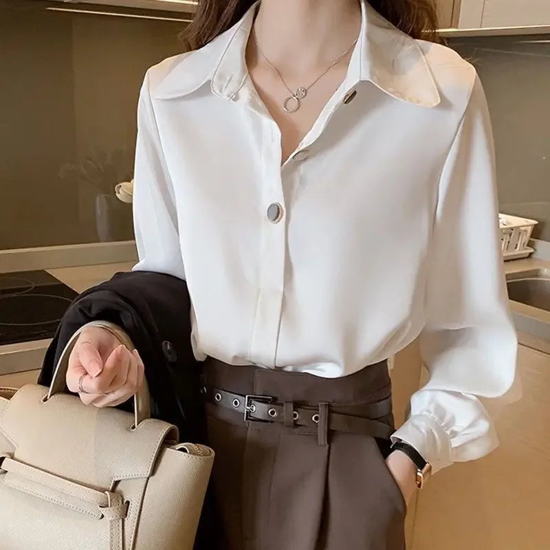 Button Up Spring White Office Outfits Clothes Formal Long Sleeve Satin Womens Shirt & Blouse Wear To Work Silk Tops for Women S  Amaijoin