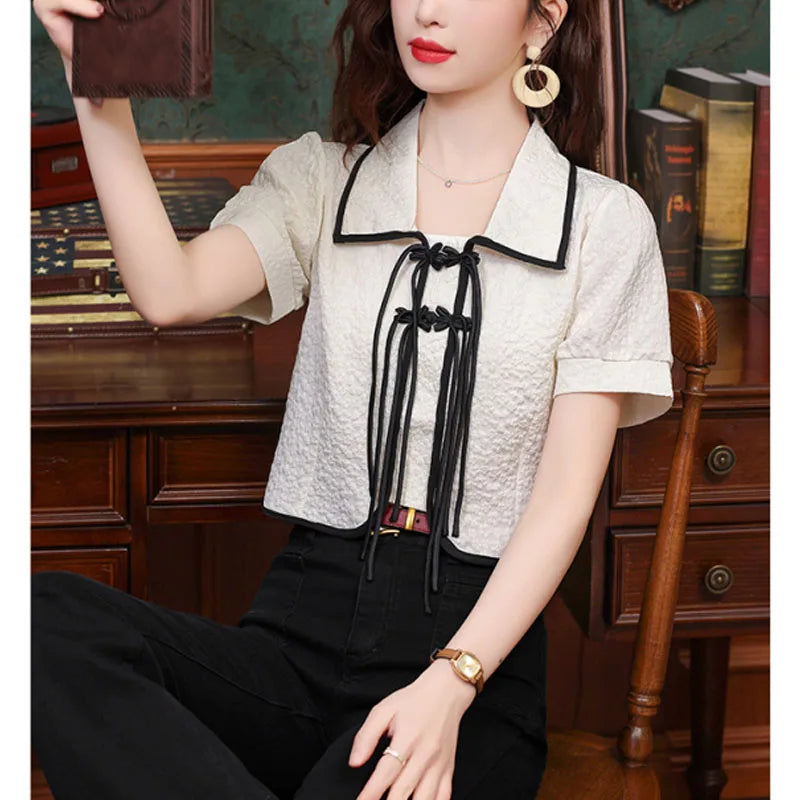 Women's 2024 New Summer Pullovers Contrast Color Polo-Neck Jacquard Button Elegant Chic Slim Commuter Short Sleeve Chiffon Tops  Amaijoin