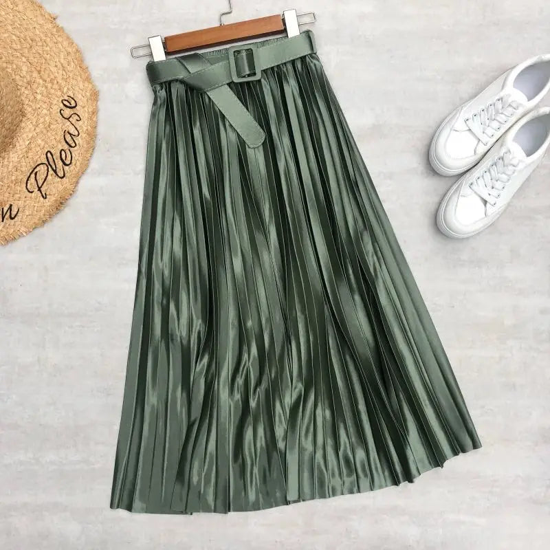 2024 New High Waist Elegant Stain Women's Pleated Skirts with Belted Solid Skirts Mi-long Umbrella Skirt Spring Summer  Amaijoin