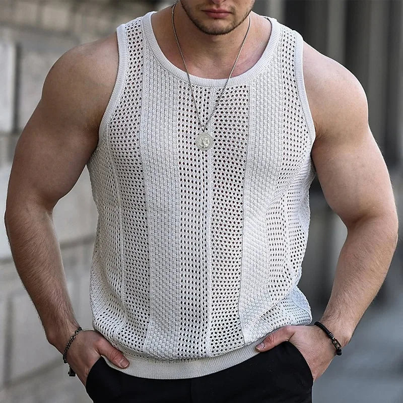 Summer New Men's Sleeveless T-shirt Sleeveless Slim Knit Vest Men's Tank Top Sexy Hollow Through Men's Vest FugeesTee Sportswear  Amaijoin