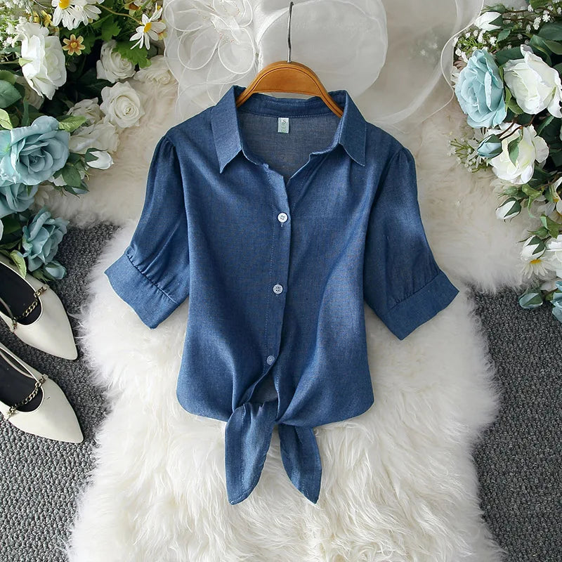 Casual White Blouse Summer Women Clothes Elegant Solid Button Short Sleeve Shirt Fashion Bow Belt Waist Office Lady Tops 19870  Amaijoin