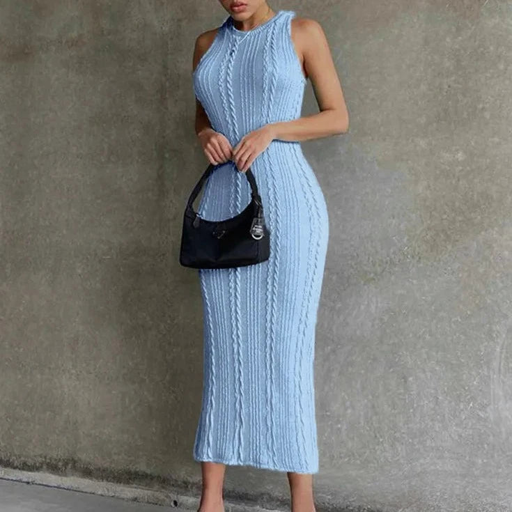 Hugcitar Crochet Sleeveless O-Neck Bodycon Solid Sexy Sweater Dress 2023 Summer Women Streetwear Party Club Elegant Clothing Y2K  Amaijoin