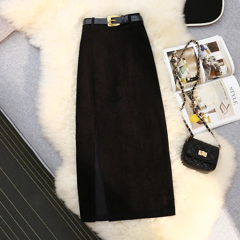 Autumn Winter Corduroy Women's Skirts with Belted 2023 New High Waist Straight Classic Front Split Skirts Ladies Female  Amaijoin