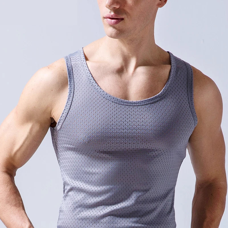 Summer Quick-Drying Thin Breathable Ice Silk Vest Men Tops Sport T Shirts Sleeveless Mesh Hole Tank Tops Gym Clothing Outer Wear  Amaijoin