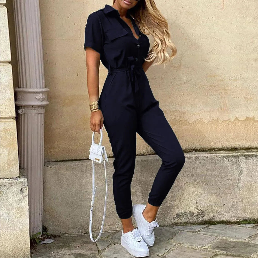 Women's Monochromatic Belt Workwear Jumpsuit, Casual Pants, Flip Collar, Buckle, European and American, Summer, 2023  Amaijoin