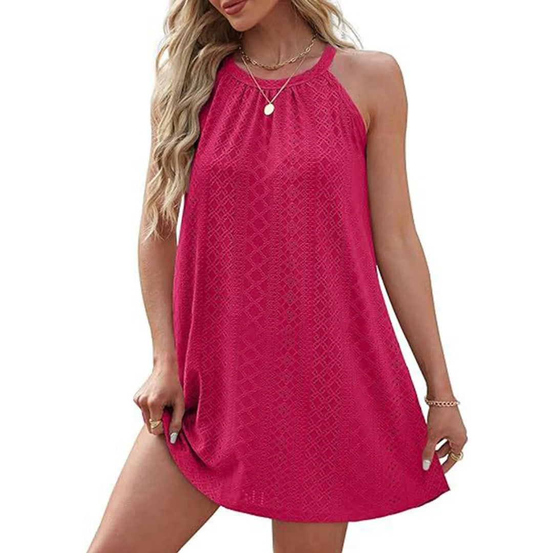 Womens Summer Floral Lace Boho Beach Mini Dress Round Neck Halter Sleeveless Retro Sexy Cutout A Line Tank Dress Casual Style  Amaijoin