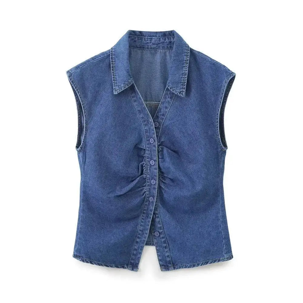 Summer Blue Denim Folds Shirts Women Sleeveless Fashion Single Breasted Tops Blouses  Amaijoin