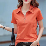 Carregue a imagem no visualizador da Galeria, New 2024 Summer Women T Shirt Cotton Elegant Style Zipper Neck Fashion Office Lady Top Short Sleeve Polo For Women  Amaijoin
