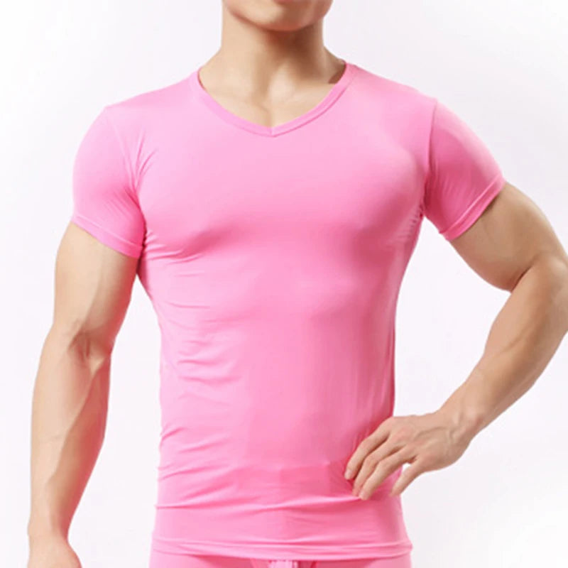 Men's Sheer Undershirts Man Ice Silk Mesh See through Basics Shirts Sexy Fitness Bodybuilding Underwear  Amaijoin