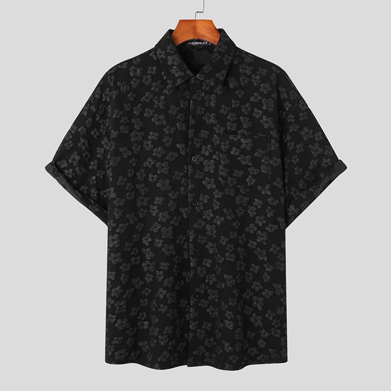 INCERUN Men Shirt Flower Jacquard Loose Korean Style Lapel Short Sleeve Men Clothing Streetwear 2024 Fashion Casual Shirts S-5XL  Amaijoin