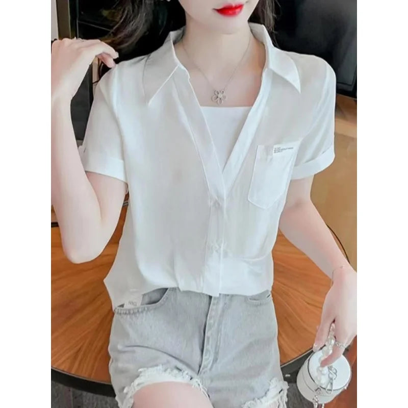 Polo Shirts for Women 2024 Fashionable French V-neck Fake Two White Shirts Summer Design Korean Loose Short Sleeved Shirt Top  Amaijoin