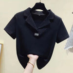 Carregue a imagem no visualizador da Galeria, Tops Black Clothing Plain Polo Neck Shirts for Women Aesthetic Luxury High Quality T-shirt Woman Cotton with Collar Y2k Fashion  Amaijoin
