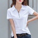 Carregue a imagem no visualizador da Galeria, New 2024 Summer Women T Shirt Cotton Elegant Style Zipper Neck Fashion Office Lady Top Short Sleeve Polo For Women  Amaijoin
