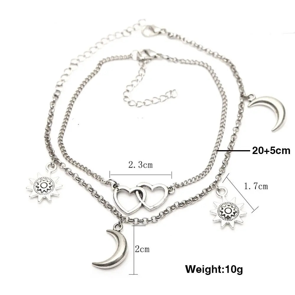 Two Layers Chain Heart Moon Sun Gold Silver Color Anklets For Women Bracelets Summer Barefoot Sandals Jewelry On Foot Leg  Amaijoin