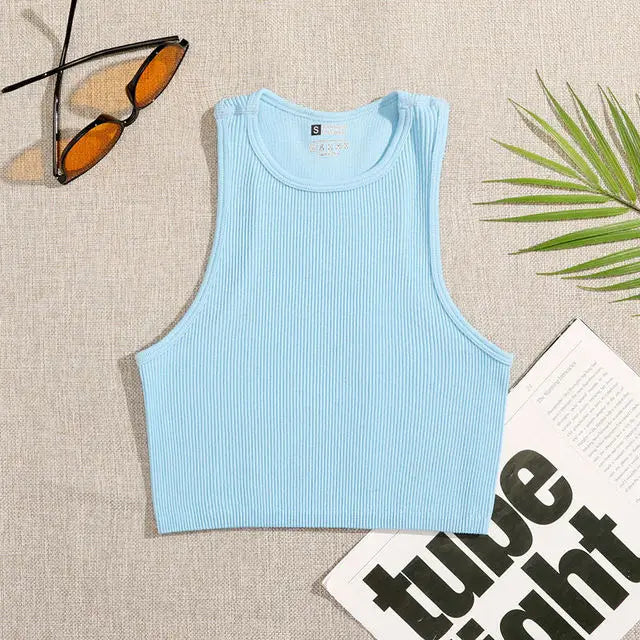 Crop Top Women Solid Basic T-shirts Vest Seamless Streetwear Elastic Rib-Knit Sleeveless Casual Tank Tops Female  Amaijoin