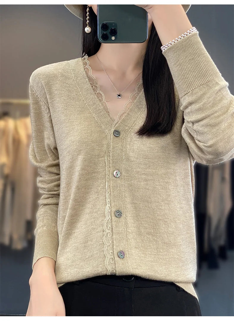 2023 Spring and Summer Cashmere Cardigans Women  V-neck Knitted Sweater Fashion Knitwear Solid Cashmere Cardigans Women's  Amaijoin