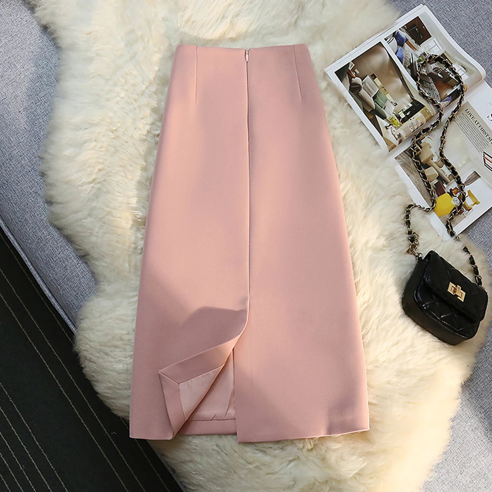 Straight Suit Skirts For Women 2024 Fashion OL Style Back Slit High Waist A-Line Skirt Elegant Simple Casual Midi Skirt Femme  Amaijoin