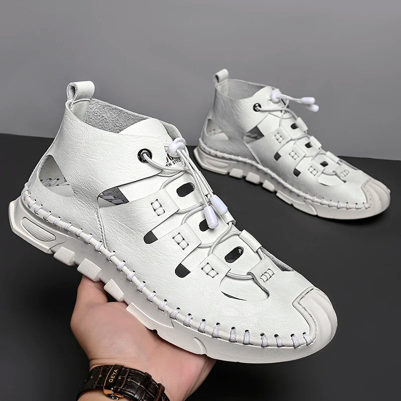 Summer White High-top Roman Sandals Men Gladiators Lace Up Buckle Leather Casual Shoes Breathable Beach Sandals Outdoor Slippers  Amaijoin