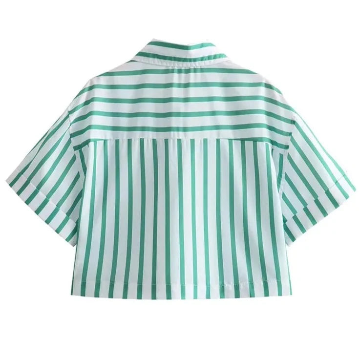 TRAFZA 2024 Summer Striped Shirts Women Casual Green Blouse Y2k Short Sleeve Buttons Crop Top Female Short Shirt Streetwear  Amaijoin