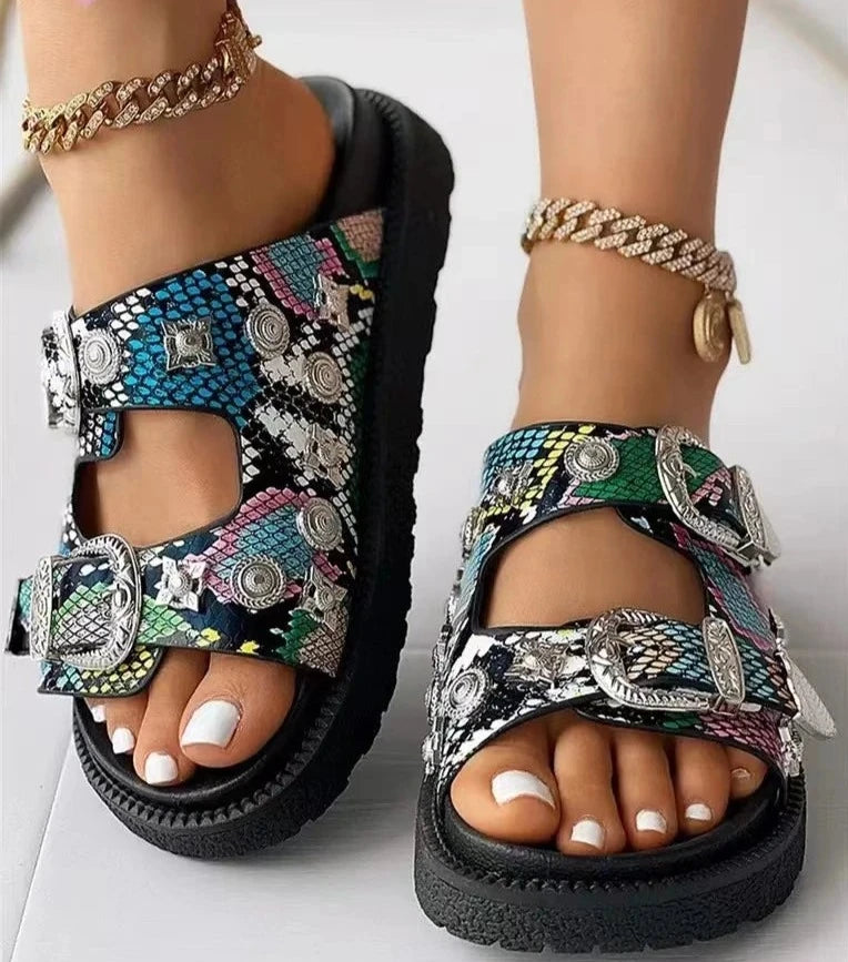 2023 Fashion Rivets Buckles Flat Slippers Shoes For Women Summer Leisure Comfy Walk Sandal Slides Plus Size Black  Amaijoin