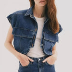 Carregue a imagem no visualizador da Galeria, Summer Women Denim Cropped Shirt Lapel Sleeveless Flap Pockets Top Single Breasted Casual Denim Short Shirt  Amaijoin
