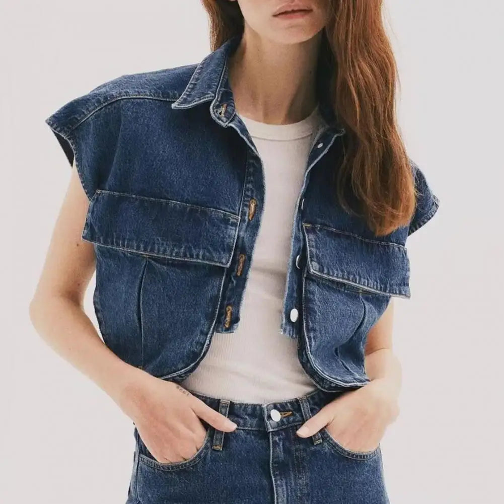 Summer Women Denim Cropped Shirt Lapel Sleeveless Flap Pockets Top Single Breasted Casual Denim Short Shirt  Amaijoin