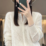 Carregue a imagem no visualizador da Galeria, Round Neck 100% Merino Wool Cardigan Spring Autumn New Hollow Out Fashion Long Sleeved Solid Color Knitted Cardigan Sweater Top  Amaijoin
