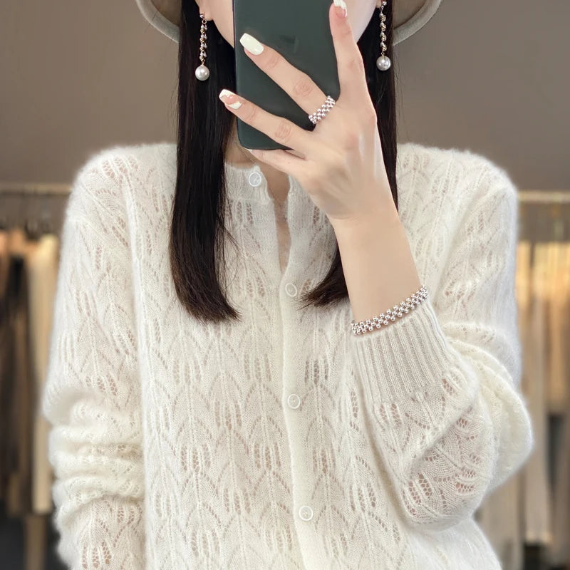 Round Neck 100% Merino Wool Cardigan Spring Autumn New Hollow Out Fashion Long Sleeved Solid Color Knitted Cardigan Sweater Top  Amaijoin