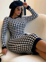 Carregue a imagem no visualizador da Galeria, Houndstooth Print Women Long Sleeve Midi Dress Hollow Out Bodycon Sexy Streetwear 2022 Autumn Winter Club Elegant Slim  Amaijoin
