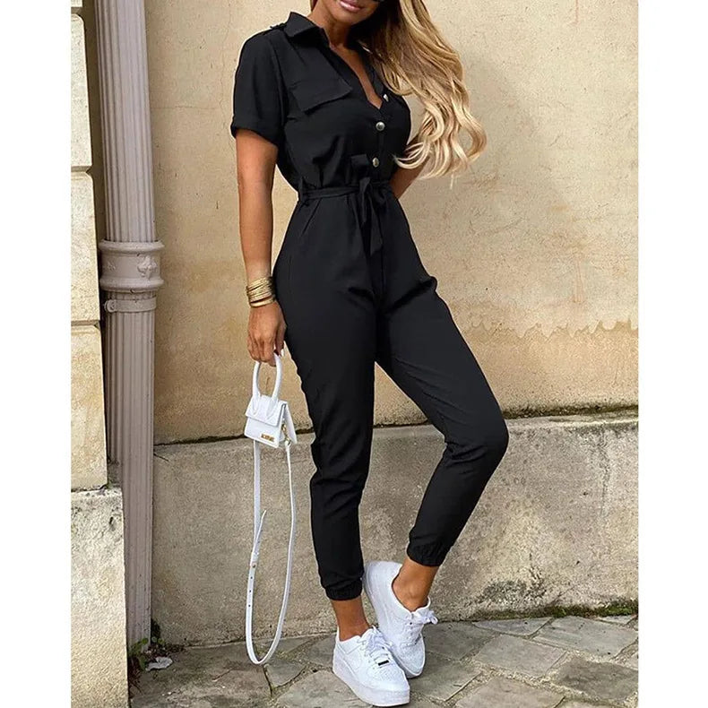 Women's Monochromatic Belt Workwear Jumpsuit, Casual Pants, Flip Collar, Buckle, European and American, Summer, 2023  Amaijoin