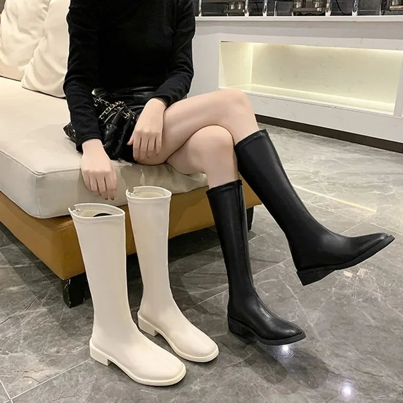 Riding Boots Women Shoes Real Leather Mid Heel Knee-High Boots Square Toe Block Heels Zip Long Boots Autumn Winter 40  Amaijoin