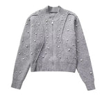 Carregue a imagem no visualizador da Galeria, Willshela Women Fashion With Faux Pearl Grey Front Zipper Bomber Jackets Vintage O-Neck Long Sleeves Female Chic Lady Outfits  Amaijoin
