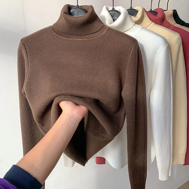 Turtleneck Winter Sweater Women Elegant Thicken Velvet Lined Warm Sueter Knitted Pullover Slim Tops Jersey Knitwear Jumper New  Amaijoin